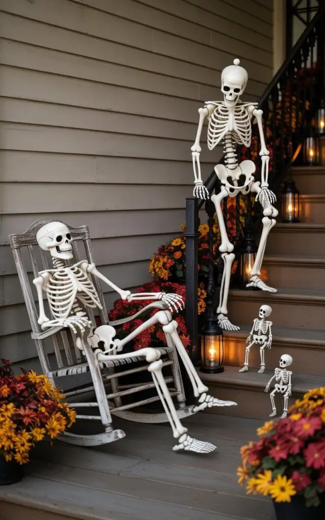 A photograph of a charming porch transformed into a whimsical Halloween display with life-sized skeletons as the focal point. One skeleton playfully lounges in a weathered rocking chair, while another energetically climbs the staircase railing, its bony fingers gripping the ornate metalwork. Miniature skeletons are scattered playfully across the steps and nestled amongst vibrant fall flower pots, enhancing the depth of the festive scene. Soft, warm light from antique lanterns lining the staircase illuminates the skeletons, casting intriguing shadows and highlighting the minimalist architecture of the porch.