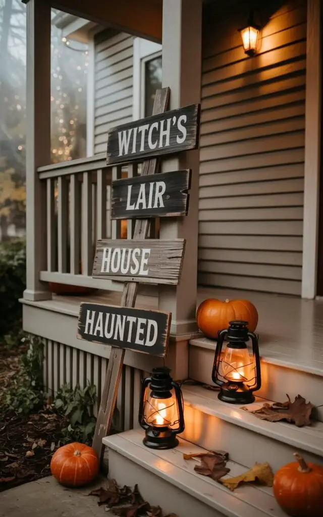 A photograph of a charming porch styled for Halloween, featuring weathered wooden signs leaning against the steps. The signs read “"Witch’s Lair"" and “"Haunted House"”, illuminated by the warm glow of vintage lanterns with flickering amber light. The porch's neutral siding and simple railings provide a clean backdrop to the rustic decorations, with a few scattered pumpkins and dried leaves across the steps. Soft, diffused light filters through the trees, creating a subtly eerie and nostalgic atmosphere.