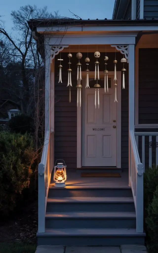 A photograph of a front porch bathed in the dim light of dusk, designed with a minimalist aesthetic and a subtly spooky tone. Suspended above a dark wood staircase are intricately crafted Halloween porch wind chimes constructed from polished bone and antique brass bells, gently clinking together in the breeze. A single, aged lantern with a flickering flame sits at the base of the staircase, casting elongated shadows across the pristine white railings and revealing the "Welcome" sign etched into the wooden door. The scene is framed by overgrown hedges and a twilight sky, creating an atmosphere of quiet, eerie anticipation.
