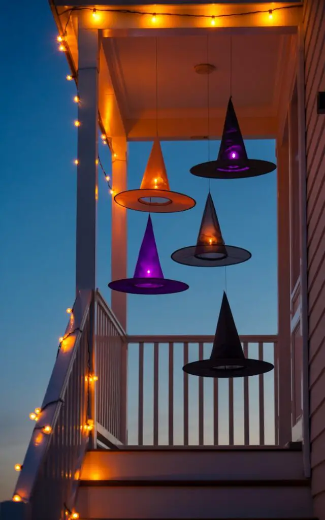 A photograph of a minimalist porch transformed into a mystical Halloween scene with floating witch hats suspended above the staircase. The hats, varying in shape and color from classic black to deep purple, hang at different heights, illuminated by warm, flickering battery candles within each. A simple white railing frames the staircase, while strategically placed orange string lights wind along the porch ceiling, casting a soft, inviting glow. The scene is captured in the twilight hours, with a deep blue sky barely visible above, enhancing the eerie yet elegant atmosphere.