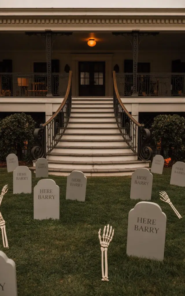 A photograph of a wide, inviting porch transformed into a minimalist Halloween graveyard scene. A grand wooden staircase with wrought iron railings ascends directly toward the porch, acting as the central focal point, framed by strategically placed lightweight foam tombstones with humorous inscriptions like "Here Lies Barry" scattered across the neatly trimmed lawn. Several skeletal hands emerge subtly from the grass, and the porch itself remains uncluttered, with warm, ambient lighting casting long shadows and enhancing the eerie yet deliberate arrangement of the props. A single, flickering orange spotlight illuminates the scene from above, highlighting the tombstones and creating a captivating, slightly spooky atmosphere.
