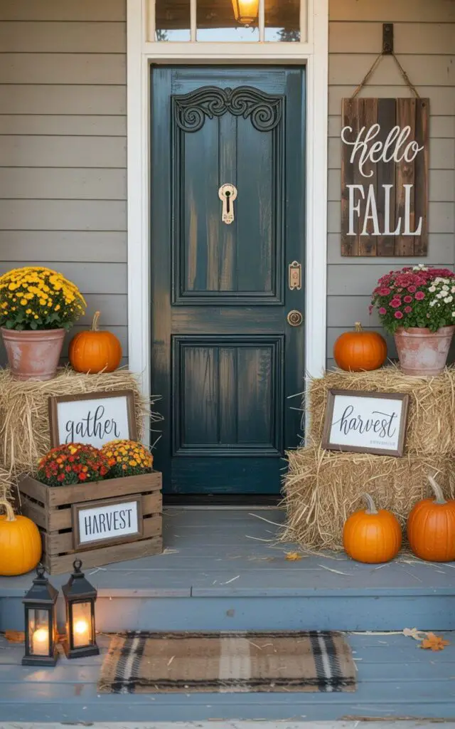 A photograph of a charming, weathered wooden front door adorned with a gleaming nickel key lock, centered on a welcoming fall porch. The door is painted a deep teal color and features ornate scrollwork detailing, with a rustic wooden sign hanging beside it reading "Hello Fall" in elegant lettering. Flanking the door are stacked hay bales topped with vibrant orange pumpkins and cheerful potted mums in terracotta pots, while smaller signs tucked into wooden crates display phrases like "Gather" and "Harvest", complemented by a cozy plaid rug on the porch floor. Warm light spills from vintage lanterns, creating a festive, rustic atmosphere with a backdrop of colorful fall foliage and a clear blue sky.