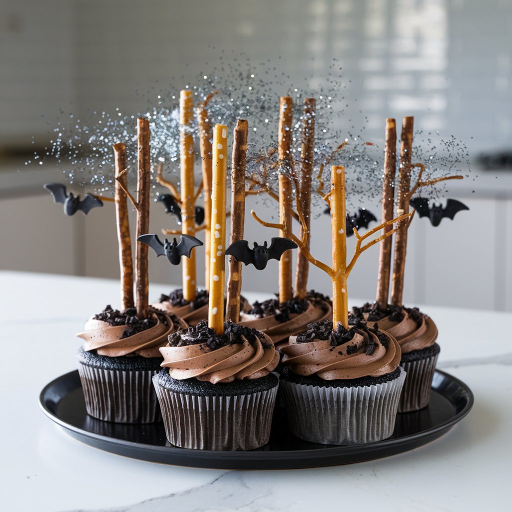 A Halloween-themed cupcake with the design of a haunted forest. The base is rich chocolate frosting sprinkled with crushed Oreo cookie crumbs to create a soil effect. Pretzel sticks rise vertically from the center, resembling barren tree trunks. Small candy bats hang from the pretzel sticks. Edible silver glitter is scattered lightly on top, catching the natural light like eerie moonlight. The cupcake is arranged in a cluster on a black tray placed on a bright plain white kitchen countertop, creating a dramatic, spooky forest scene.