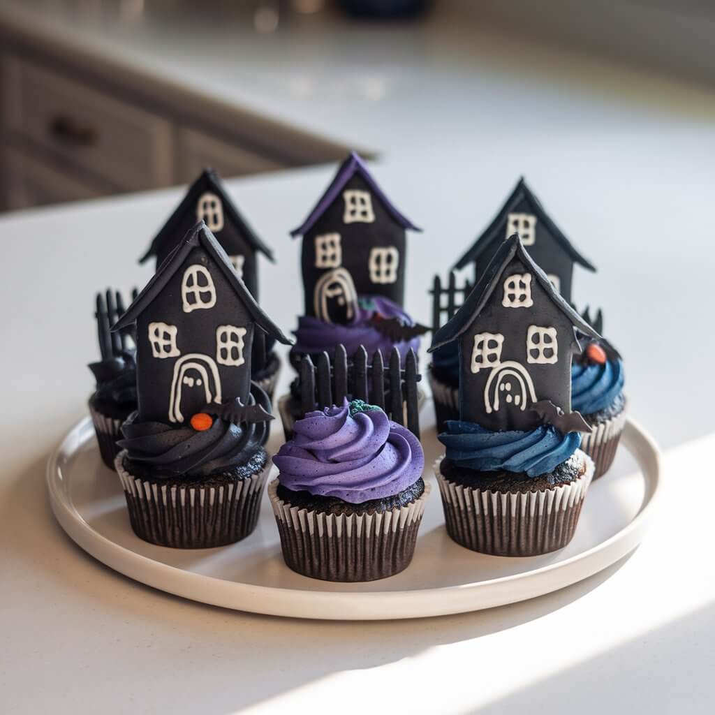 A photo of Halloween cupcakes transformed into miniature haunted houses. Each cupcake is frosted in dark shades—black, deep purple, or midnight blue—with piped windows, crooked doors, and ghostly outlines drawn in contrasting icing. Tiny candy bats or fences add depth. The dark frosting gleams under natural light, highlighting the eerie details. Displayed together on a white round large plate placed on a bright plain white kitchen countertop, the cupcakes create a spooky, atmospheric scene worthy of a haunted mansion.