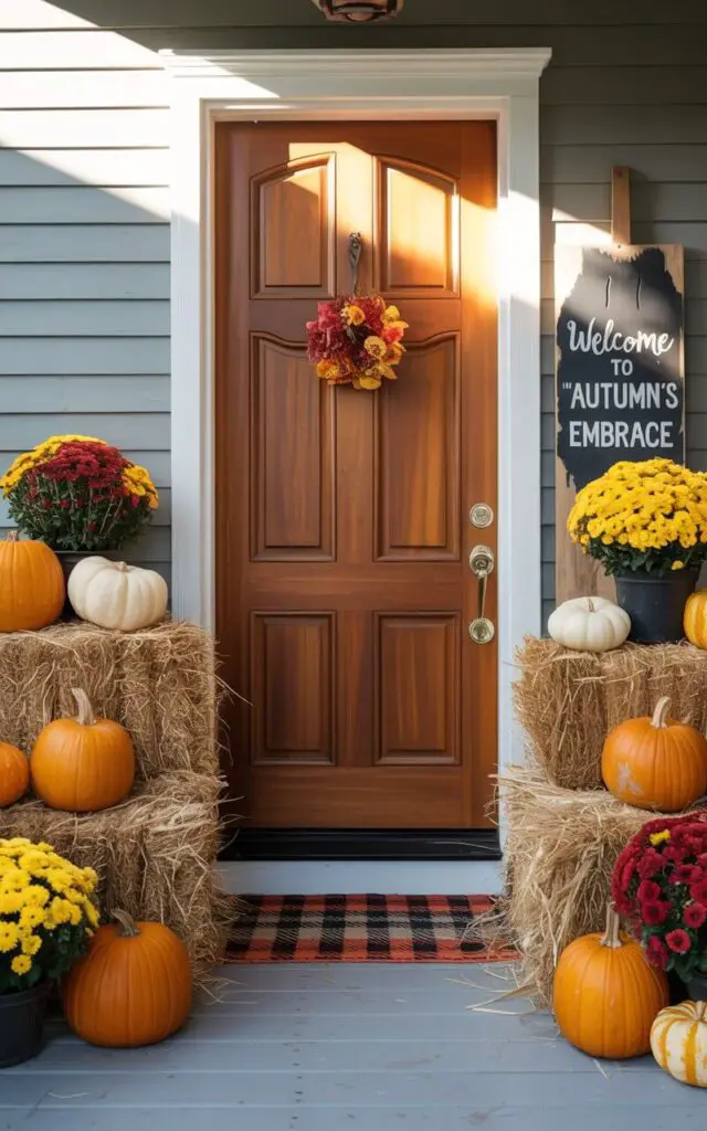 A photograph of a charming front porch centered around a beautifully crafted wooden door with a shiny nickel key lock. Stacked hay bales flank the door, adorned with a vibrant assortment of pumpkins and cheerful mums in shades of orange, yellow, and crimson. A cozy plaid rug sits at the entry, while a rustic wooden sign leaning against the wall reads "Welcome to "Autumn's Embrace"". Soft, golden light streams from a nearby window, casting long shadows and illuminating the festive autumn scene.