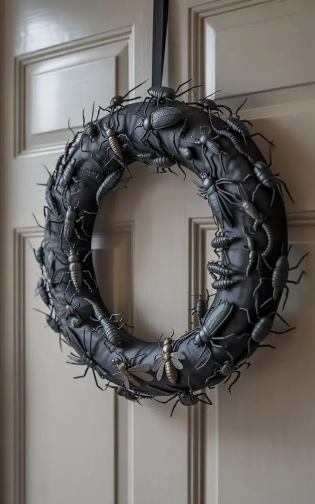 A still life photograph of a meticulously crafted Halloween wreath adorning a stark white door. The wreath's base, elegantly wrapped in matte charcoal fabric, is densely populated with assorted faux insects—beetles, centipedes, spiders, and moths—arranged in swirling, organic patterns that evoke a sense of creeping movement. Subtle textural variations and matte black finishes on each insect are highlighted by low-angled lighting, creating dramatic shadows and a lifelike, slightly unsettling dimensionality. A softly blurred background reveals a glimpse of a warmly lit interior, further emphasizing the wreath’s intricate design and the contrasting starkness of the white door.