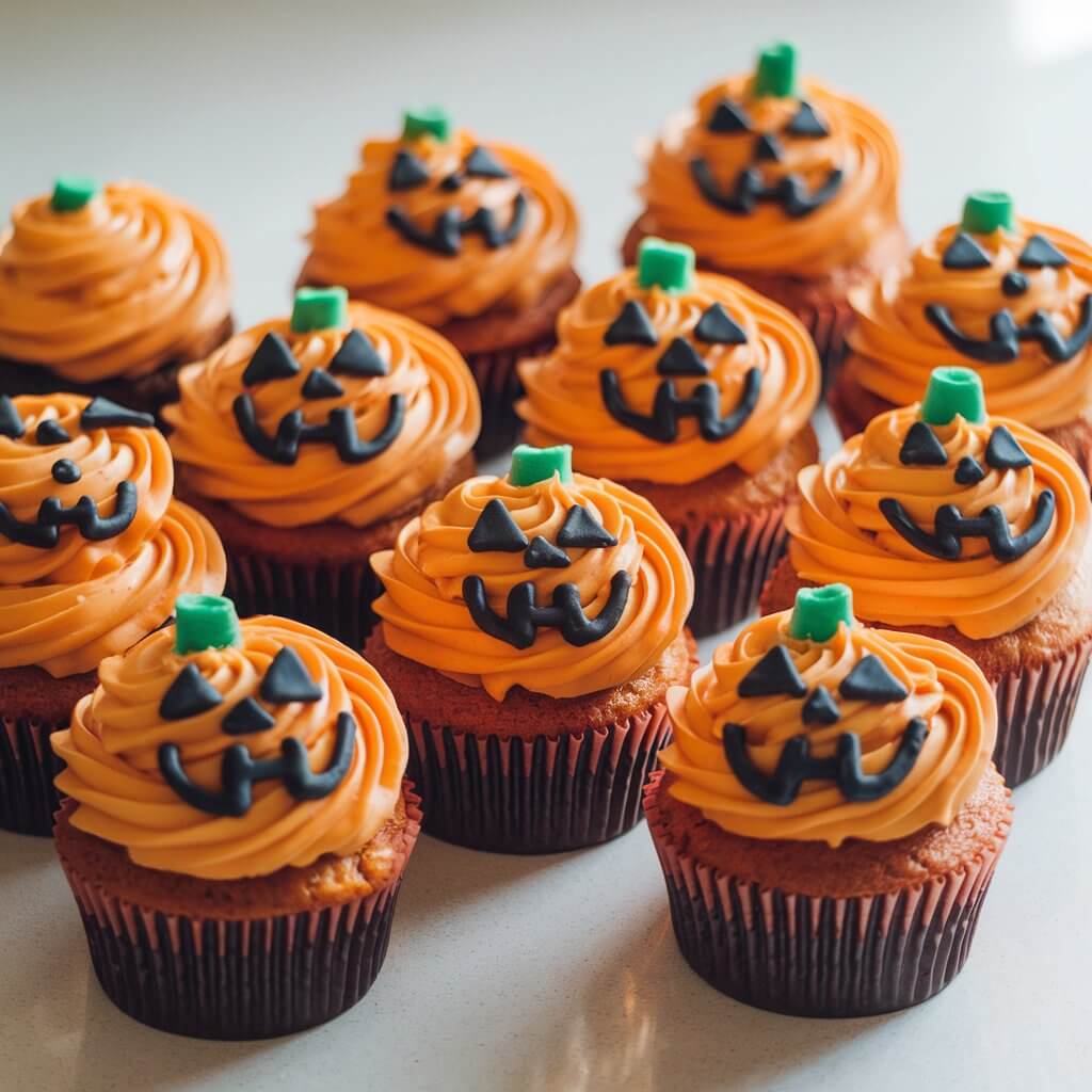 A photo of classic Halloween cupcakes frosted in vibrant orange icing. Each cupcake has a carved pumpkin face piped with black gel icing. Some faces are scary, while others are silly. At the top of each cupcake, there is a small green candy or fondant piece to mimic a pumpkin stem. The cupcakes are arranged in a group on a bright plain white kitchen countertop. The glossy orange frosting catches the glow of natural light, highlighting the smooth swirls.