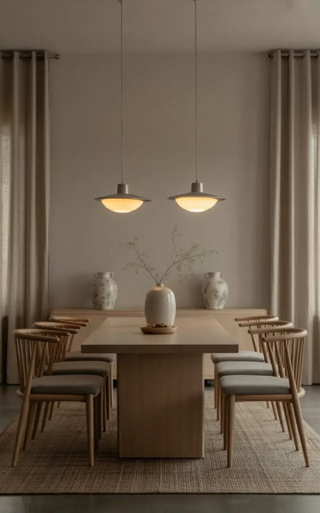A photograph of a serene Japandi dining room emphasizing balanced symmetry and minimalist design. A sleek, rectangular dining table crafted from light-toned wood sits centered within the room, surrounded by six identical spindle-back chairs upholstered in a soft gray linen. Above the table, two minimalist pendant lamps with brushed nickel finishes hang at equal height, illuminating the table with a warm, diffused glow and highlighting the subtle texture of a woven jute rug beneath. Neutral linen curtains frame the windows, and matching ceramic vases with delicate floral patterns sit symmetrically on either end of a low sideboard, contributing to the room's overall sense of calm and harmony.