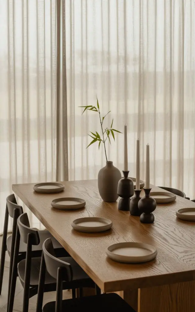 A photograph of a meticulously arranged Japandi-style dining table as the focal point of a serene dining room. The warm oak table features a minimalist centerpiece composed of sleek black ceramic candleholders, a charcoal-gray vase holding a single sprig of bamboo, and a collection of neutral stoneware plates. Slim, matte black metal chairs are neatly positioned around the table, their clean lines providing a subtle contrast to the wood’s natural warmth. Soft, diffused natural light streams through sheer linen curtains, casting gentle shadows and highlighting the room’s harmonious blend of textures and colors.