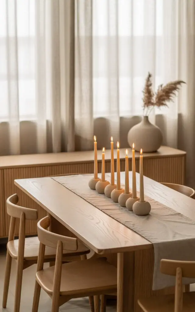 A photograph of a Japandi-style dining room centered around a beautifully designed, rectangular dining table. The table is adorned with a light grey linen runner and set with simple, matte ceramic candleholders holding unscented beeswax candles that cast a warm golden glow. Four slim, minimalist chairs in light oak surround the table, while a single matte white vase with a small arrangement of dried pampas grass sits elegantly on a nearby sideboard. Soft, diffused natural light streams through sheer linen curtains, creating a serene and inviting atmosphere.