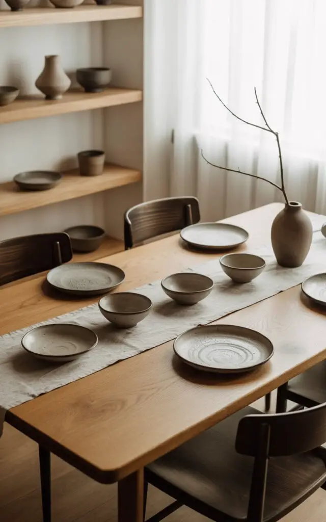 A photograph of a Japandi-style dining room centered around a beautifully set wooden table. The table is crafted from natural oak and is adorned with a linen runner, featuring an assortment of uniquely textured ceramic bowls and plates; each plate is subtly imperfect. Around the table sit four dark walnut chairs, while nearby open shelving displays a curated collection of additional handmade ceramics and a single branch elegantly arranged in a clay vase. Soft, diffused natural light streams through a nearby window, highlighting the wabi-sabi beauty and quiet artistry of the space.
