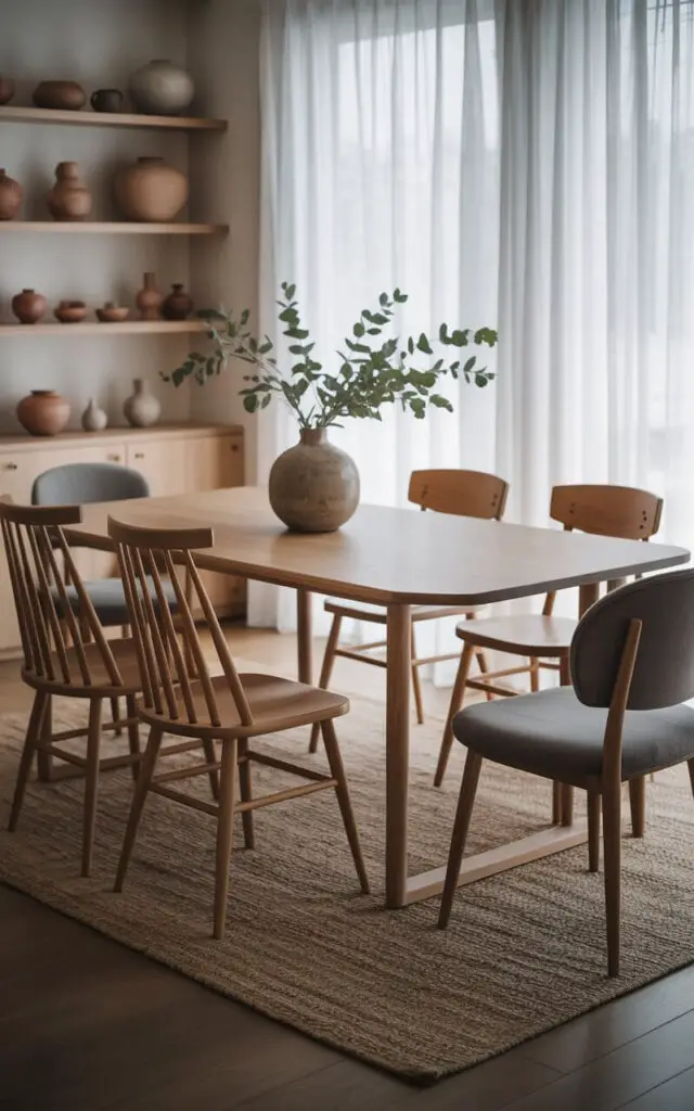 A photograph of a Japandi dining room, showcasing a beautifully styled dining table as the central focus. The table is crafted from light-toned wood with a minimalist design, surrounded by mismatched chairs – spindle-back wooden chairs in light oak on one side and comfortable, muted gray upholstered chairs on the other, creating a balanced aesthetic. A large, neutral woven rug anchors the space, while minimalist shelves in the background display a collection of unique pottery and a ceramic vase filled with delicate eucalyptus branches, all bathed in soft, diffused natural light streaming through sheer curtains. The room exudes a sense of calm and understated elegance, perfectly embodying the Japandi design philosophy.