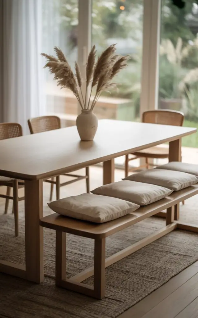 A photograph of a Japandi-style dining room bathed in soft, natural light, centered around a pale oak dining table. The table is simply set with four modern chairs and a longer wooden bench adorned with neatly arranged linen cushions in muted beige tones, facing the camera. A neutral-toned rug lies beneath the table, while a ceramic vase filled with dried pampas grass sits gracefully at the table's center, adding texture and warmth to the minimalist decor. Large windows in the background reveal a tranquil garden scene, softly blurred, reinforcing the room's serene and inviting atmosphere.