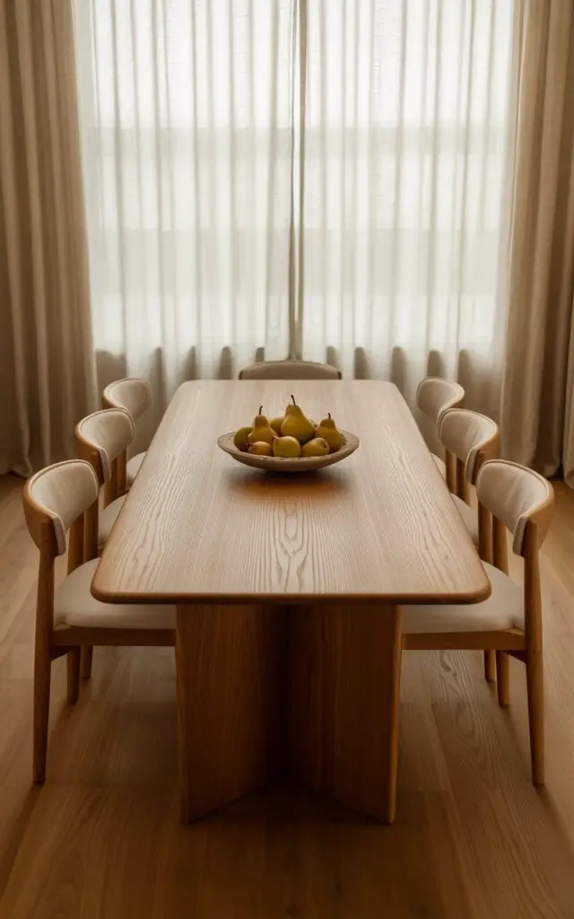 A photograph of a Japandi-style dining room centered around a beautifully designed oak dining table. The table features a smooth matte finish that emphasizes the natural wood grain, and is set with six simple, elegant chairs upholstered in soft beige linen, arranged neatly around its surface. A handmade ceramic bowl filled with ripe, golden pears sits at the table's center, illuminated by the gentle, diffused light filtering through linen curtains drawn across a large window. The pale wood flooring and minimalist décor create a calm, inviting space, bathed in a warm and tranquil glow.