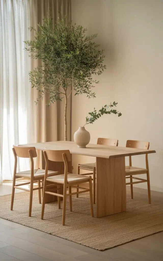 A photograph of a Japandi dining room bathed in soft, natural light, showcasing a minimalist aesthetic. At the center stands a beautifully designed dining table crafted from light oak, accompanied by four light wood chairs with clean, simple lines, and a single ceramic vase holding a delicate eucalyptus branch. A tall olive tree stands in the corner, complementing neutral linen curtains and a textured jute rug; the walls are a calming shade of cream, and a subtle pattern is visible in the wooden flooring. The scene exudes tranquility and organic elegance, emphasizing the harmonious blend of Scandinavian restraint and Japanese serenity.