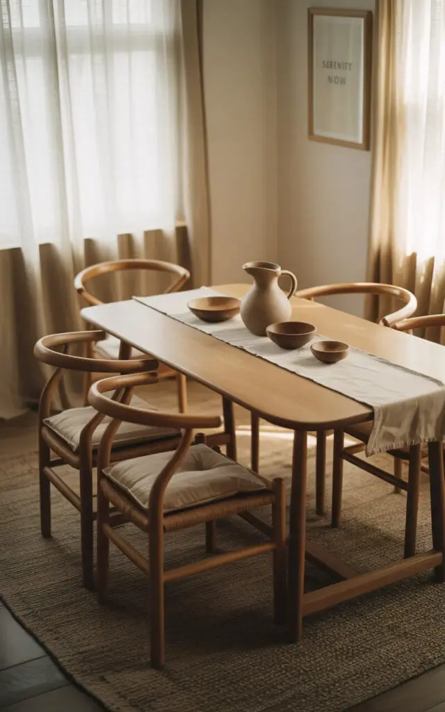 A photograph of a serene Japandi dining room, emphasizing the elegant simplicity of the space. A beautifully designed dining table with six ash wood chairs sits centered in the room, featuring linen seat cushions in earthy sand tones and a linen runner adorned with a ceramic pitcher and three wooden bowls. Soft light filters through cotton drapes at the windows, illuminating a handwoven wool rug beneath the table and highlighting the texture of the natural fabrics, creating a cozy and minimalist atmosphere. A small, framed print on the wall reads "serenity now" adding a subtle decorative touch.