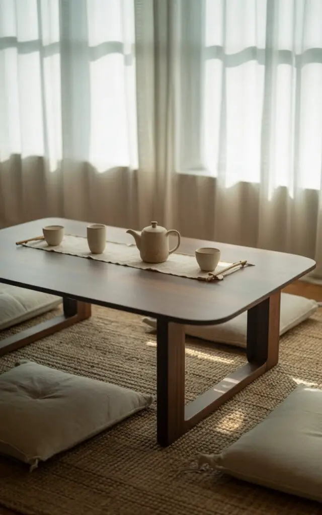 A photograph of a serene Japandi dining room centered around a dark walnut dining table with four chairs set low to the ground, alongside cushioned floor seating and short wooden stools. The table features a minimalist ceramic tea set in the center, with delicate porcelain cups and a matching teapot resting on a natural linen placemat. Soft, diffused light filters through sheer white curtains, illuminating the room and highlighting the textures of a handwoven rug and the muted tones of the linen cushions scattered around the space. Subtle shadows cast by the curtains create a tranquil, grounded atmosphere, showcasing the seamless blend of Japanese tradition and Scandinavian warmth.