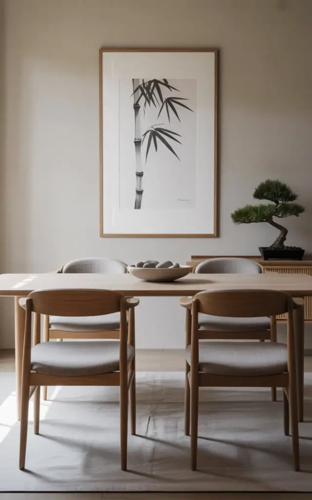 A photograph of a minimalist Japandi dining room bathed in soft natural light. The focal point is a sleek, rectangular dining table crafted from light-toned wood, surrounded by four Scandinavian-inspired chairs upholstered in a calming gray fabric. Above the table hangs a simple framed artwork—a monochrome ink sketch of a single bamboo stalk within a slim wooden frame—adding a touch of understated elegance to the space. A single ceramic bowl filled with smooth river stones sits on the table, while a small bonsai tree rests on a nearby sideboard, completing the room's atmosphere of quiet sophistication.