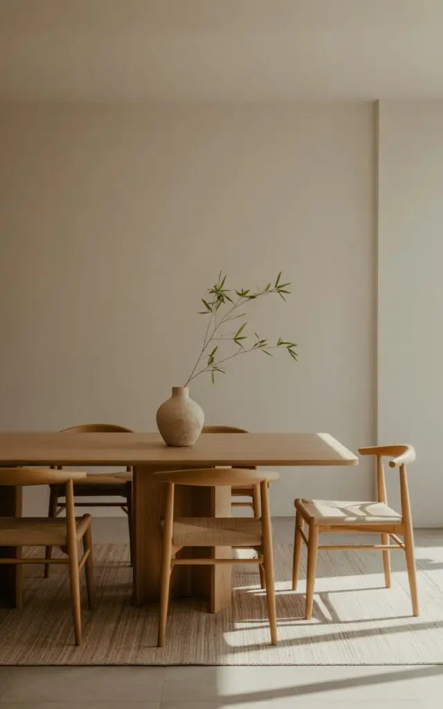 A photograph of a minimalist Japandi dining room bathed in soft, natural light. A beautifully designed dining table crafted from light oak with four matching chairs occupies the center of the frame, its surface intentionally bare to emphasize simplicity. A single, handcrafted ceramic vase holding a delicate sprig of bamboo rests on the table, alongside a subtly textured neutral woven rug that grounds the space beneath. The room’s clean lines and ample open space create a serene atmosphere, perfectly embodying Japandi's design philosophy of "less is more".