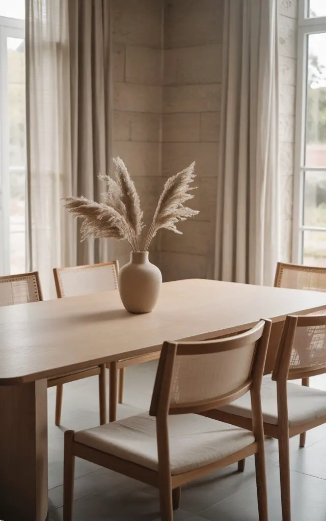 A photograph of a Japandi-style dining room bathed in soft, diffused light. A sleek, rectangular dining table crafted from pale oak wood takes center stage, surrounded by six chairs upholstered in a sandy beige linen with subtly textured stitching. Against the stone-gray walls, a single, minimalist ceramic vase filled with dried pampas grass sits elegantly on the table, while pale linen curtains frame the large windows, allowing gentle sunlight to filter in. The room's atmosphere is one of tranquil serenity, accentuated by the natural wood tones and neutral color palette.