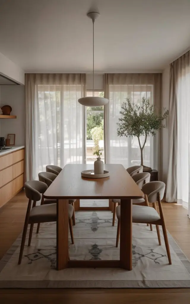 A photograph of an airy Japandi dining room showcasing a beautifully designed oak dining table surrounded by six muted gray upholstered chairs. The table sits centrally between a modern kitchen and a cozy living space, seamlessly uniting the home with expansive open sightlines, and a minimalist pendant light illuminates the table from above. Sheer linen curtains gently frame the wide windows, allowing soft natural light to fill the space, while a potted olive tree adds a touch of organic warmth and a subtle geometric rug anchors the dining area. The overall atmosphere is spacious, uncluttered, and evokes a sense of tranquil daily life.