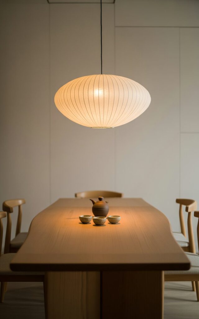 A photograph of a minimalist Japandi dining room, with a beautifully crafted wooden dining table as the central focus. The table showcases a single ceramic teapot and three small, textured bowls arranged neatly in the center, all bathed in the soft glow of a large, white paper pendant light suspended above, shaped like a traditional Japanese lantern. Slim, light-toned wooden chairs are positioned around the table, and the room's walls are painted a serene off-white, complemented by subtle textures and “Zen Garden” art pieces placed strategically to enhance the sense of calm. The scene is illuminated by the pendant light, creating a warm, inviting atmosphere that emphasizes the room's clean lines and uncluttered aesthetic.