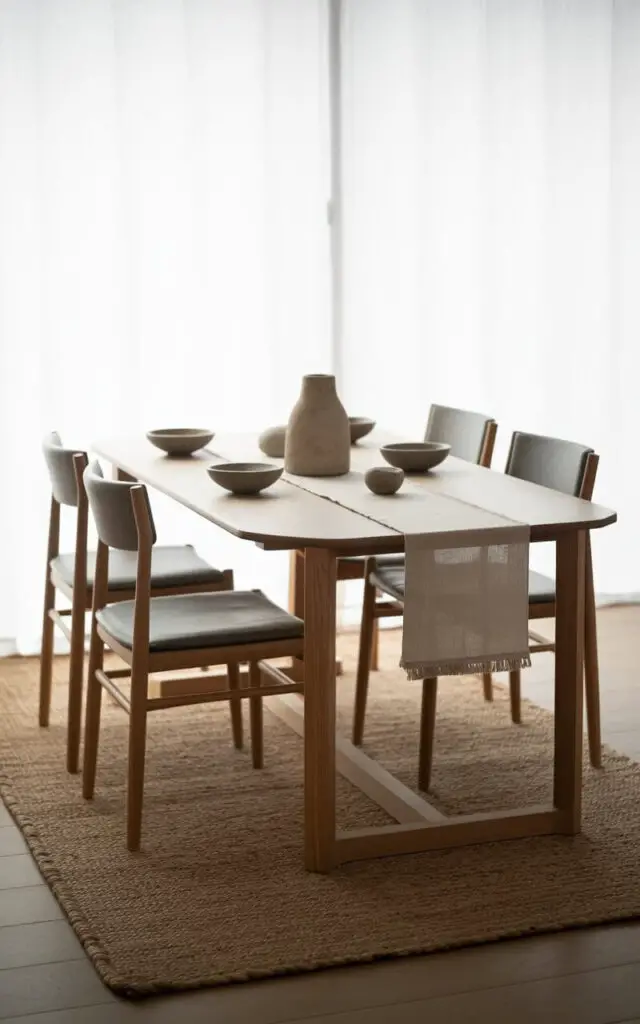 A photograph of a Japandi dining room, showcasing a meticulously styled pale oak dining table as its centerpiece. The table is elegantly set with four sleek, gray linen-upholstered chairs and a simple linen runner, complemented by ceramic bowls and a single stone vase, evoking a sense of understated luxury. A handwoven jute rug adds warmth and texture to the minimalist setting, softening the wooden floor while a large window to the left of the table floods the room with soft, diffused natural light. The overall atmosphere is calm, tactile, and inviting, perfectly embodying the principles of both Japanese and Scandinavian design.