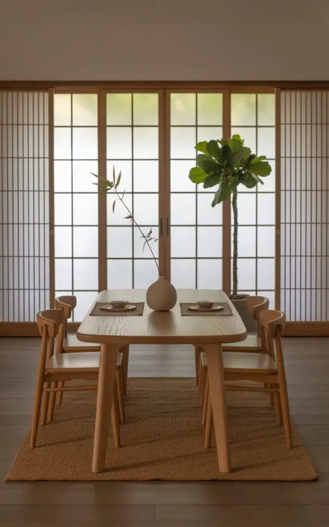 A photograph of a minimalist Japandi dining room, centered around a beautifully crafted pale wood dining table and chairs. The table is set with a single, understated ceramic vase holding a sprig of bamboo, and two placemats are neatly arranged. Behind the table, sliding shoji-inspired doors with frosted glass panels diffuse soft natural light, revealing a glimpse of a tranquil, Zen-inspired garden beyond, while a tall fiddle-leaf fig tree sits elegantly in the corner, anchored by a simple woven rug beneath the table. The room exudes a sense of calm functionality, where every detail feels deliberately placed and in harmony with Japandi design principles.