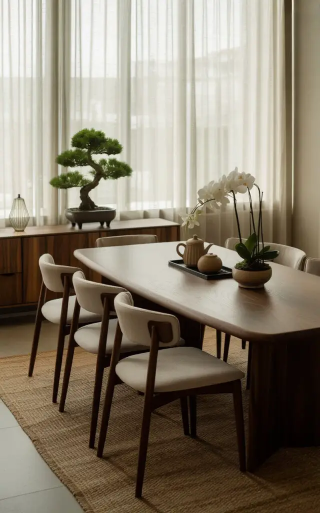 A photograph of a modern Japandi dining room bathed in soft, filtered daylight. A beautifully designed walnut dining table stands prominently in the center of the room, surrounded by six light beige upholstered chairs arranged with meticulous care. A small bonsai tree sits gracefully on a sideboard against a wall draped with sheer linen curtains, while a ceramic teapot set rests elegantly on the table next to a small vase of white orchids. A woven jute rug anchors the space, and the entire scene is illuminated by a gentle, calming glow, evoking a sense of serene tranquility.