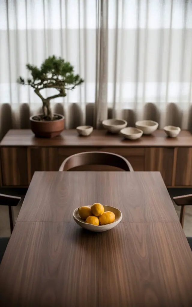 A photograph of a minimalist Japandi dining room, focusing on a beautifully designed walnut dining table and chairs. The table is set with two sleek chairs, and centered on the table is a single, delicate ceramic bowl filled with fresh lemons, subtly showcasing “minimalism”. Opposite the table, a low wooden sideboard displays a small bonsai tree in a terracotta pot and a curated selection of handmade ceramic bowls, arranged with intentional spacing. Soft, natural light filters through a sheer linen curtain, casting a calming glow and highlighting the room’s clean lines and understated elegance.