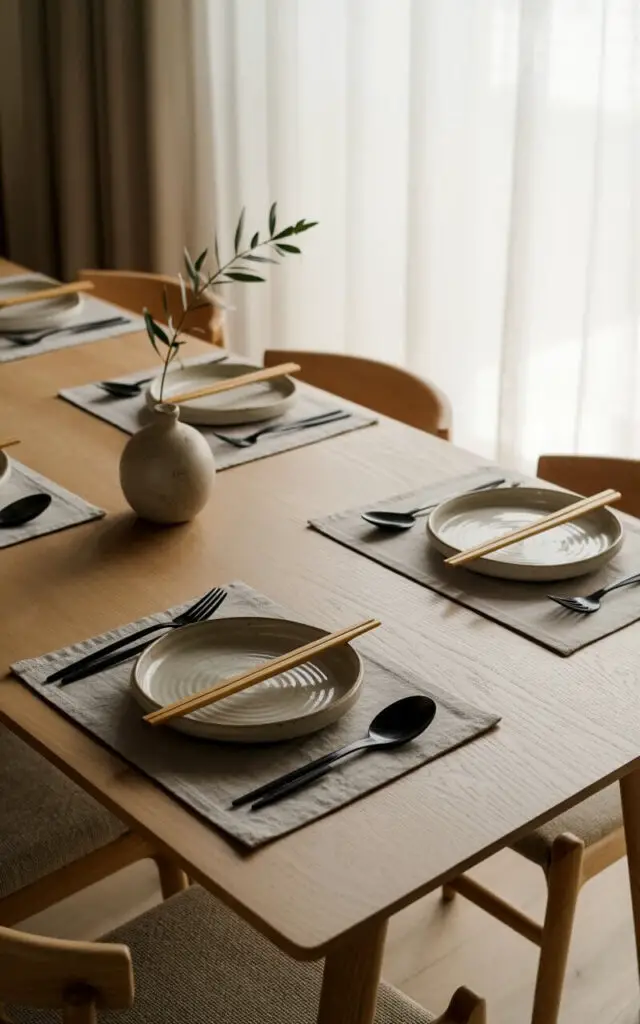 A photograph of a minimalist Japandi dining room showcasing a beautifully set table as the focal point. The dining table, crafted from light ash wood, is adorned with linen placemats, matte black flatware, and handmade ceramic plates featuring subtle organic textures, with wooden chopsticks carefully placed across the plates. A small ceramic vase with a single sprig of olive branch adds a touch of understated elegance, while pale oak chairs are neatly arranged around the table. Soft, natural light streams through a sheer linen curtain, creating a tranquil and inviting atmosphere.