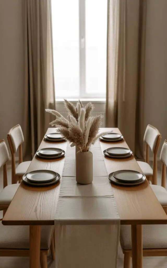 A photograph of a beautifully set Japandi dining table, centered within a serene dining room. The table, crafted from pale oak, is adorned with a linen runner and features muted ceramic plates arranged neatly for a formal dinner, accompanied by a low centerpiece of dried pampas grass in a matte, cylindrical vase. Stone-gray walls and taupe linen curtains frame the scene, while light streams in through a nearby window, softly illuminating the beige, ivory, and gray tones of the room and highlighting the linen seats of the matching chairs. The overall effect is one of understated elegance and tranquil balance, creating a soothing atmosphere.