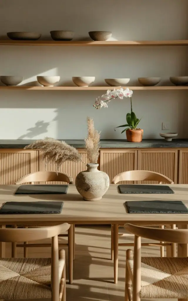 A photograph of a meticulously designed Japandi dining room bathed in soft, natural light. A pale oak dining table, displaying slate placemats and a stoneware vase with dried pampas grass, is the room's centerpiece, surrounded by four matching chairs with woven linen seats. Behind the table, a stone-topped sideboard showcases minimalist shelves lined with handcrafted ceramic bowls and a single, striking orchid in a terracotta pot. The room exudes a sense of serene balance, with subtle shadows and warm tones complementing the cool stone elements.