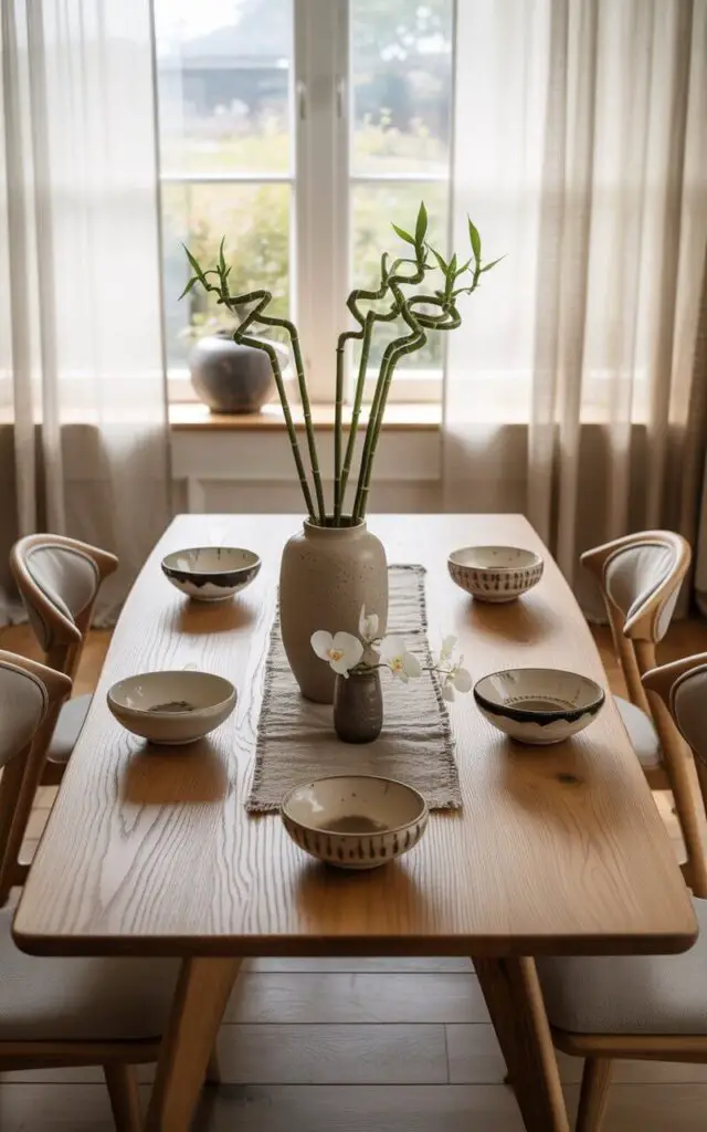 A photograph showcases a Japandi dining room bathed in soft, natural light, centered around a beautifully set dining table. The table, crafted from natural oak, proudly displays knots and irregular grain patterns, accompanied by six chairs upholstered in muted gray linen, their rustic charm balanced with Scandinavian refinement. A slightly uneven ceramic vase filled with sprigs of bamboo, alongside handmade bowls with textured glazes and a woven runner with subtle flaws, decorates the table, with a single, delicate orchid blossom sitting atop one bowl; a window with sheer linen curtains provides a glimpse of a tranquil garden beyond. The scene embodies wabi-sabi—authentic, imperfect, and soulful—creating a space that feels lived-in, warm, and quietly elegant.