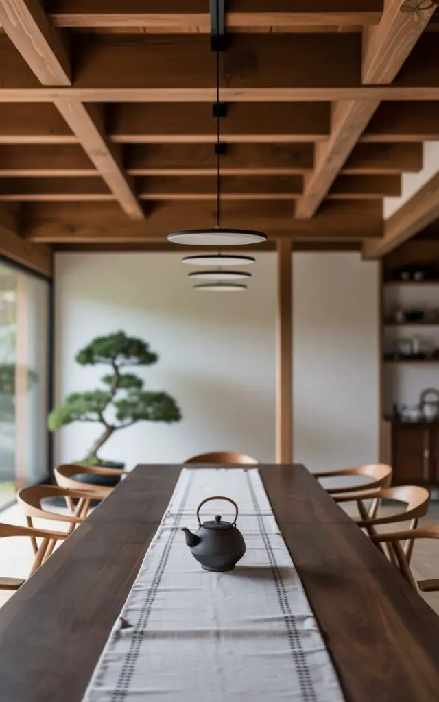 A photograph of a meticulously designed Japandi dining room, with the ceiling as a central design element. A dark walnut dining table sits beneath exposed wooden beams, a linen runner adorned with subtle geometric patterns tracing its length, and a handcrafted ceramic teapot sits centered on the table. Slim, light oak chairs are elegantly arranged around the table, complemented by minimalist pendant lights suspended between the beams, casting a soft, warm glow. The space is completed by a single, potted bonsai tree in the corner, and a blurred view of a serene garden through a nearby window.
