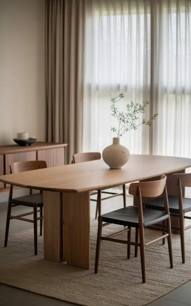 A photograph of a serene Japandi dining room, centered around a meticulously designed dining table. The table, crafted from light oak, stands as the focal point, surrounded by a mix of light oak and darker walnut chairs, creating a striking contrast; a stone vase sits in the middle holding a few simple green branches. A slim walnut sideboard along the wall reflects the room’s natural color palette, while neutral linen curtains gently frame a large window with diffused natural light softly illuminating the space, highlighting the interplay of textures and tones.