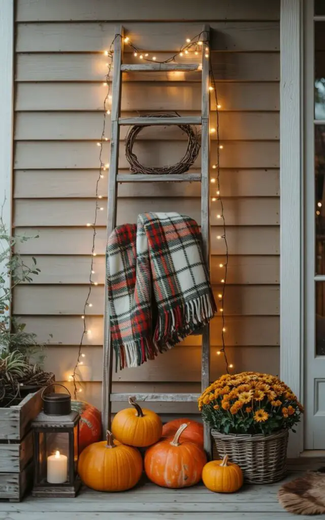 A photograph of a rustic farmhouse porch bathed in the warm glow of late afternoon sunlight. A weathered wooden door, adorned with a nickel key lock, serves as the central focal point, its surface showing subtle signs of age and charm. Leaning casually against the door is a farmhouse ladder draped with cozy plaid blankets, accented by small grapevine wreaths and twinkling fairy lights woven around its frame, while a cluster of pumpkins and a basket of vibrant mums sit at its base. The scene is framed by gently falling autumn leaves and a glimpse of a distant apple orchard, creating a welcoming and idyllic autumnal atmosphere.
