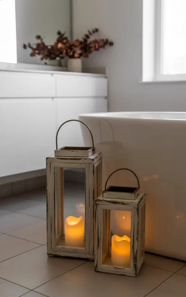 A photograph of a modern bathroom transformed into a cozy autumn retreat. The main focus is two distressed wood lanterns glowing warmly beside a sleek, freestanding white bathtub. The lanterns contain flickering LED candles, casting a gentle glow on the light grey tile floor and reflecting subtly in the frameless mirror above the vanity, where a single sprig of dried eucalyptus rests. Soft, diffused light from a nearby window highlights the minimalist design, perfectly blending modern simplicity with the rustic warmth of fall.