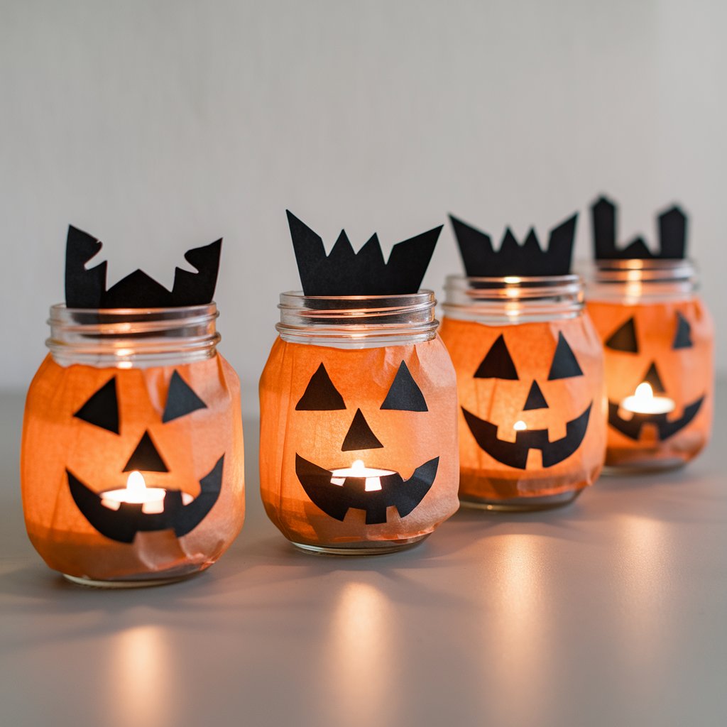 A simple homemade craft featuring small mason jars transformed into glowing Halloween lanterns. Each jar is covered in orange tissue paper, creating a warm pumpkin-like glow, and decorated with black paper jack-o'-lantern faces. Inside, battery tea lights softly illuminate the jars. The black cutouts show sharp teeth, triangle eyes, and wide smiles, each different for variety. The tissue is smooth and tightly glued, giving the jars an even surface. The lanterns are arranged in a row, glowing gently, placed on a plain table, Halloween-perfect, minimalist, no tools visible, with full attention on the lanterns.