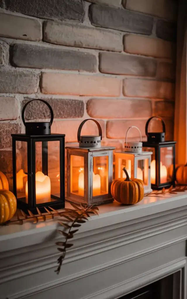 A photograph of a warmly lit Halloween mantelpiece, featuring an arrangement of miniature lanterns casting a soft glow. Sleek black metal lanterns mingle with rustic whitewashed wood ones, each housing a flickering LED candle and nestled amongst small, muted orange pumpkins. A textured grey stone fireplace provides a backdrop, with a few sprigs of dried autumn leaves artfully arranged along the mantel's edge. The scene is bathed in a cozy, ambient light, creating an inviting and subtly spooky atmosphere perfect for an autumn evening.