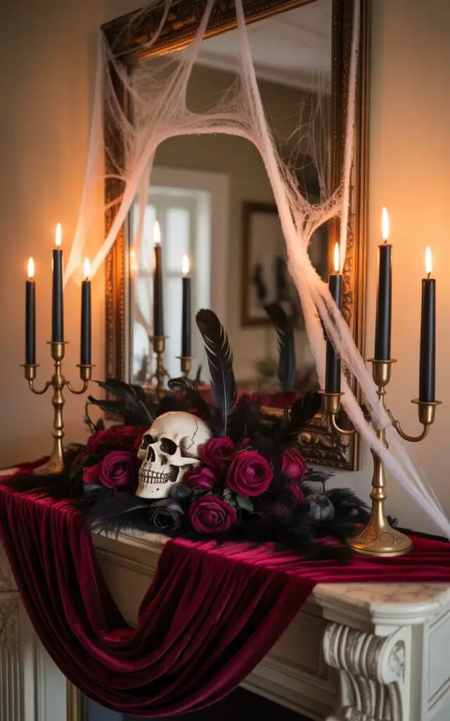 A photograph of an opulent Halloween mantelpiece designed with a Victorian gothic aesthetic. Rich crimson velvet drapes elegantly across the mantel, accented by antique brass candleholders displaying tall, flickering black candles and a dramatic skull centerpiece surrounded by deep red roses and scattered black feathers. An aged, ornate mirror hangs above, partially veiled in delicate cobwebs, reflecting the dim, warm glow of the candles and subtly hinting at the room beyond. The scene is softly lit with warm, diffused light, casting long, elegant shadows and emphasizing the rich textures and dramatic details of the arrangement.