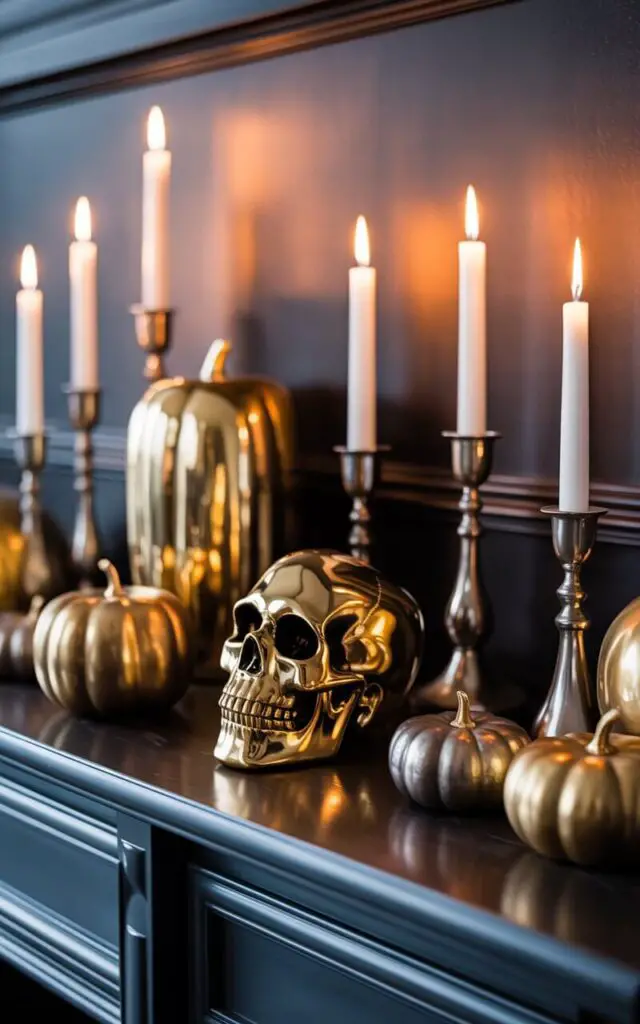 A photograph of an elegant Halloween mantel display featuring luxurious metallic accents arranged with sophisticated minimalism. A gleaming gold skull serves as the centerpiece alongside tall silver candlesticks with flickering flames, while bronze-painted pumpkins of varying sizes are artfully positioned across the dark mantel surface. The candlelight dances across the polished metallic finishes, creating dramatic shadows and warm reflections that emphasize the interplay between dark surfaces and shimmering accents. The overall composition achieves a striking balance of seasonal spookiness and modern chic elegance, with each carefully chosen piece contributing to a hauntingly beautiful aesthetic.