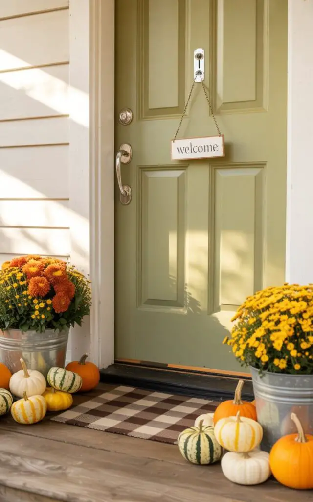 A photograph of a beautifully designed front door framed by a whimsical autumn display. The door is painted a soft sage green and features a shiny nickel key lock, adorned with a small "Welcome" sign hanging from a delicate brass chain. Scattered around the base of the door are an assortment of mini pumpkins and gourds in striped green, creamy white, and deep orange hues, nestled amongst galvanized buckets overflowing with vibrant orange and yellow mums, all resting on a rustic wooden porch. Soft, golden sunlight streams in from the side, casting long shadows and highlighting the playful textures of the pumpkins, gourds, and the plaid rug that anchors the doorway.