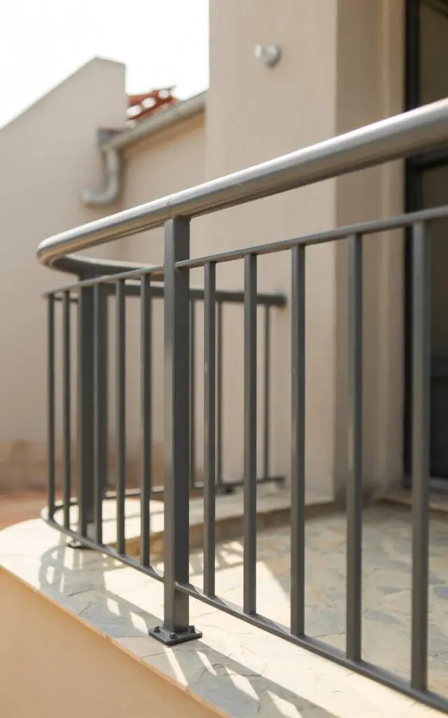 A photograph of a modern balcony railing capturing its minimalist design. Slim, matte black aluminum posts support simple horizontal frames, creating a weightless appearance, and flush-mounted bolts remain hidden behind discreet cover plates. The ergonomically curved top rail offers a comfortable touch, while natural stone flooring complements the railing’s understated sophistication. Soft, diffused sunlight bathes the scene, highlighting the clean geometry and emphasizing the balance of proportions.