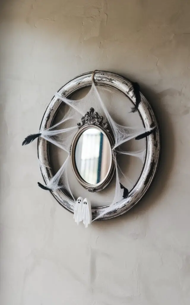 A minimalist setting with a stone-textured wall. A circular Halloween wreath is mounted on the wall. The wreath is built around a small antique-style mirror. The frame of the wreath is adorned with distressed silver paint, wispy faux cobwebs, and a few black feathers. There are two tiny ghost figurines made of translucent resin at the lower edge of the wreath. The wreath is designed to keep the mirror as the focal point. Soft frontal lighting is used to highlight the aged texture of the frame and the ethereal cobweb details.