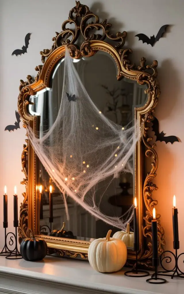 A photograph of an elegantly designed fireplace mantel featuring a dramatic antique-style mirror with an ornate gilded baroque frame as its stunning centerpiece. The mirror's intricate gold scrollwork is delicately adorned with wispy faux cobwebs that catch the light, while small black paper bat silhouettes appear to flutter around the frame's ornate edges. The mantel surface is styled with carefully curated minimalist Halloween accents: tall black taper candles in wrought iron holders, a pristine white pumpkin, and the mirror's surface reflecting these elements infinitely, creating mesmerizing layers of candlelight that dance across the glass. The overall atmosphere is mysteriously gothic yet refined, with warm amber candlelight casting dramatic shadows that make the cobwebs shimmer and the reflected flames appear to flicker endlessly in the antique mirror's depths.