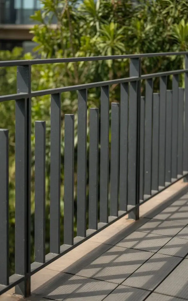 A photograph of a sleek, modern balcony railing constructed of black steel and transparent glass. The railing features a rhythmic pattern of alternating tall and short vertical sections, creating a dynamic visual effect. Sunlight catches the varying heights, casting geometric shadows on the textured grey deck tiles below. The scene is framed by lush green foliage beyond the balcony, softly blurred to highlight the railing's elegant design and clean lines.