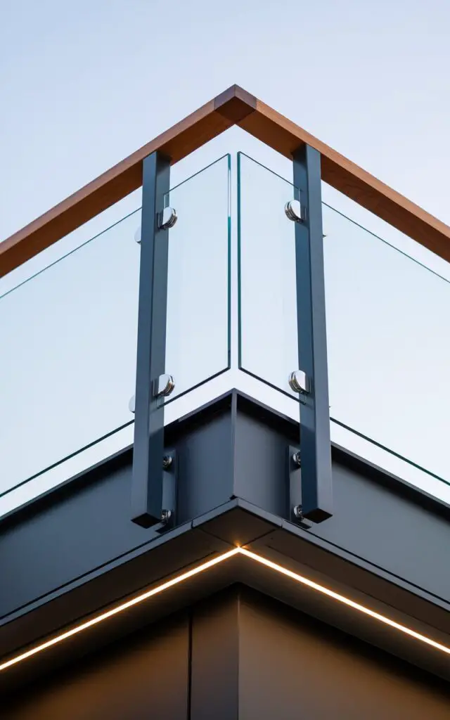 A photograph of a balcony railing artfully combining wood, metal, and glass. The top rail is made of teak, and the glass panels provide transparency. The steel posts deliver structural support. Stainless-steel clamps secure the glass to the posts, and recessed steel brackets anchor the wooden handrail without visible screws. The connection points are precisely engineered. The juxtaposition of materials is deliberately minimalist, with each element stripped to its essential geometry and the color palette restrained to natural wood, matte black metal, and ultra-clear glass. Silicone seals and soft rubber gaskets at the junctures prevent chafing and eliminate rattles in wind. At dusk, integrated strip lighting beneath the wooden caprail casts a soft glow on the glass panels, making the balcony feel both modern and inviting.