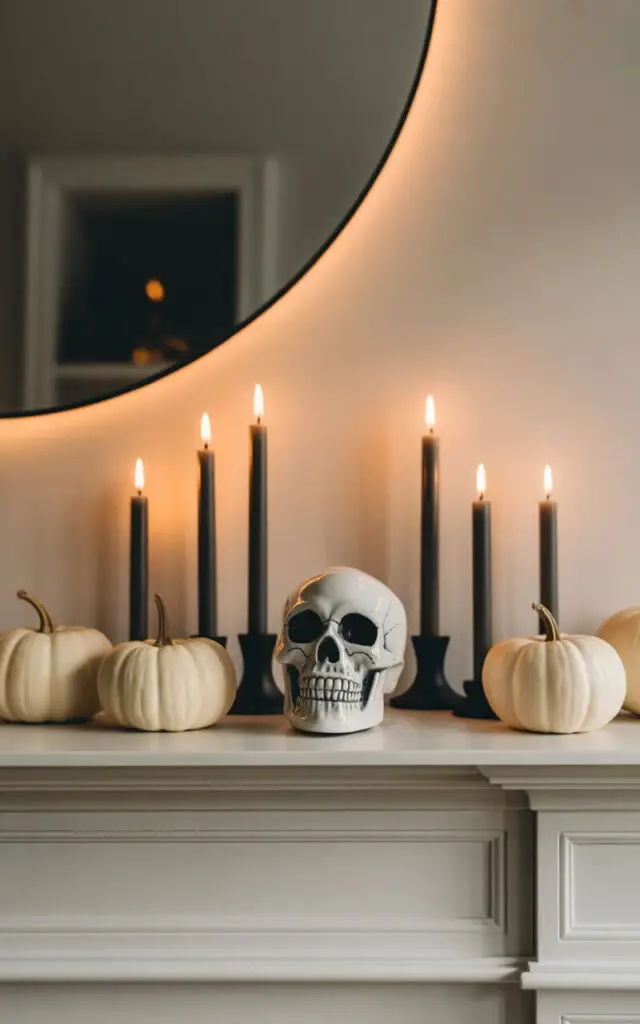 A photograph showcasing a modern Halloween mantelpiece styled with minimalist precision. Sleek, unadorned white pumpkins and matte black taper candles are neatly arranged across the surface, spaced evenly apart. A single, stylized ceramic skull rests slightly off-center, acting as a striking focal point against the clean backdrop. The scene is softly lit by warm ambient light, reflecting subtly off a circular mirror above the mantel, creating an atmosphere of understated elegance and subtle spookiness.