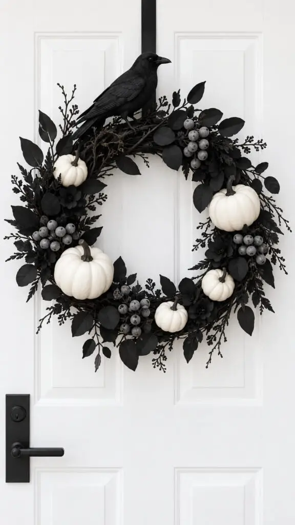 Monochrome Crow and Pumpkin Wreath